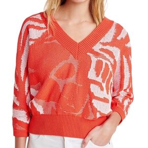New Callahan Cotton Jacquard Knit V-Neck Sweater Tangerine White Size Small